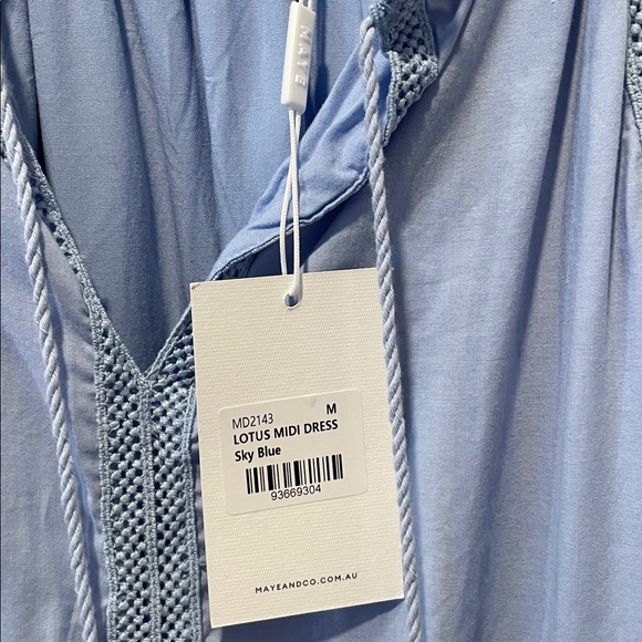 MAYE Lotus Midi Dress Sky Blue Size Medium, NWT - Picture 4 of 13
